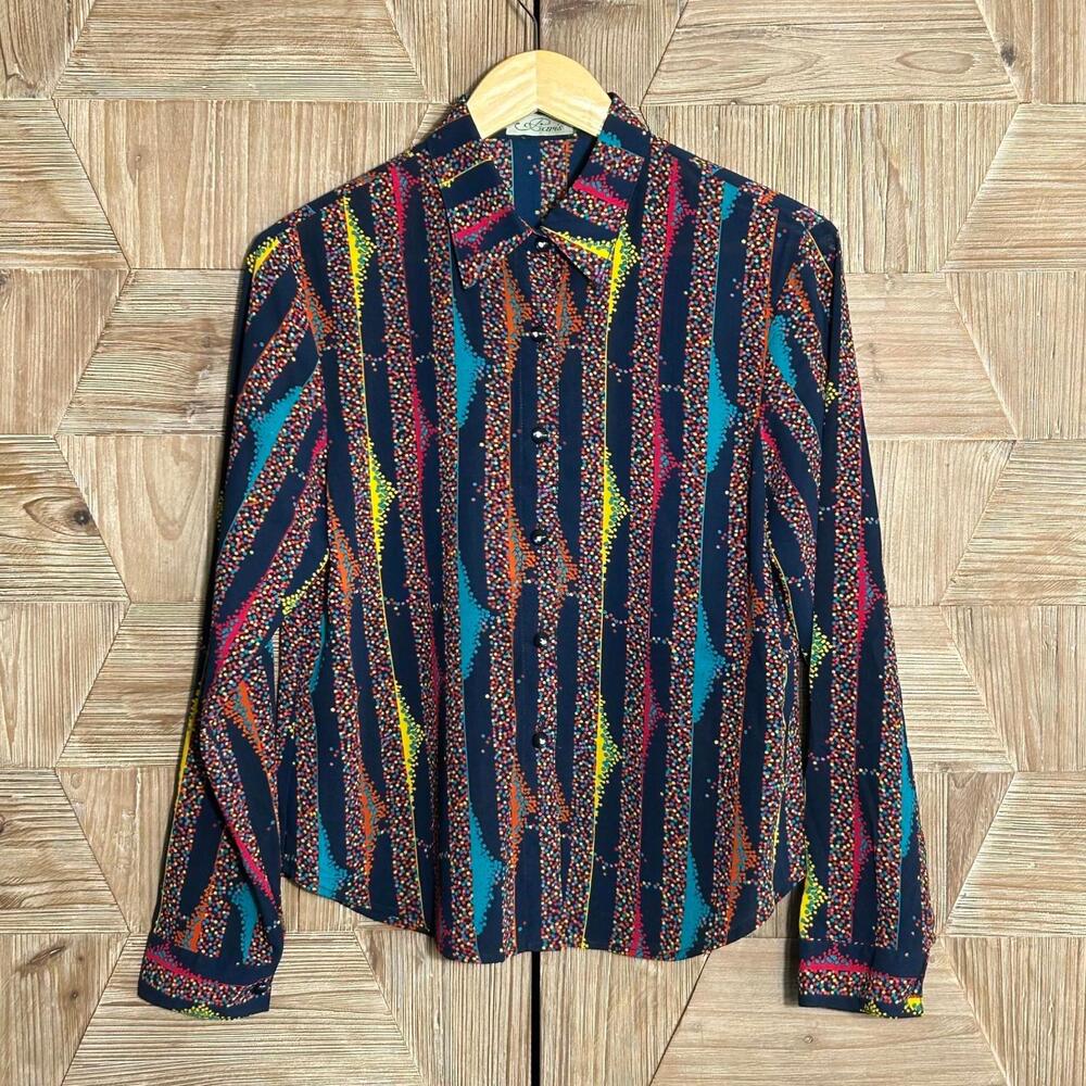 Paris Womens Multicolor Button Front Long Sleeve Top Size S Vintage 90s